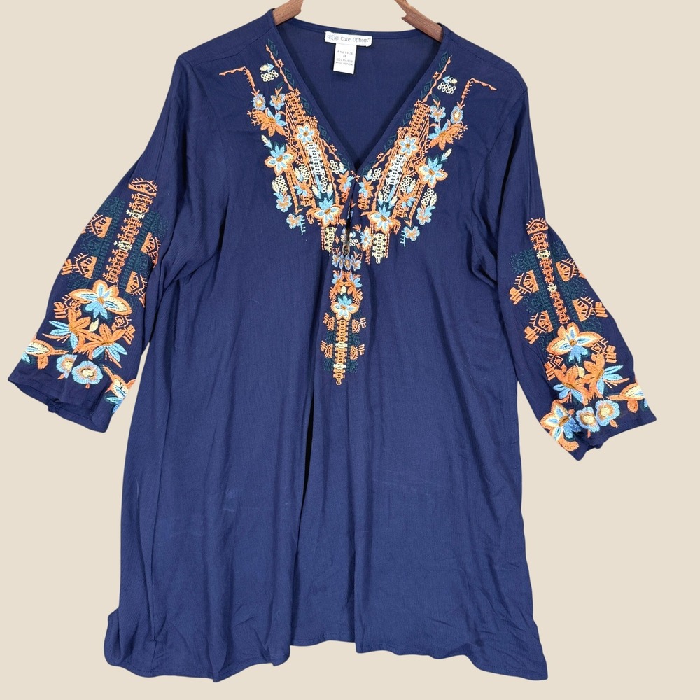 Cute Options Embroidered Tunic Women M Navy Blue Boho Peasant Rayon Blouse Top